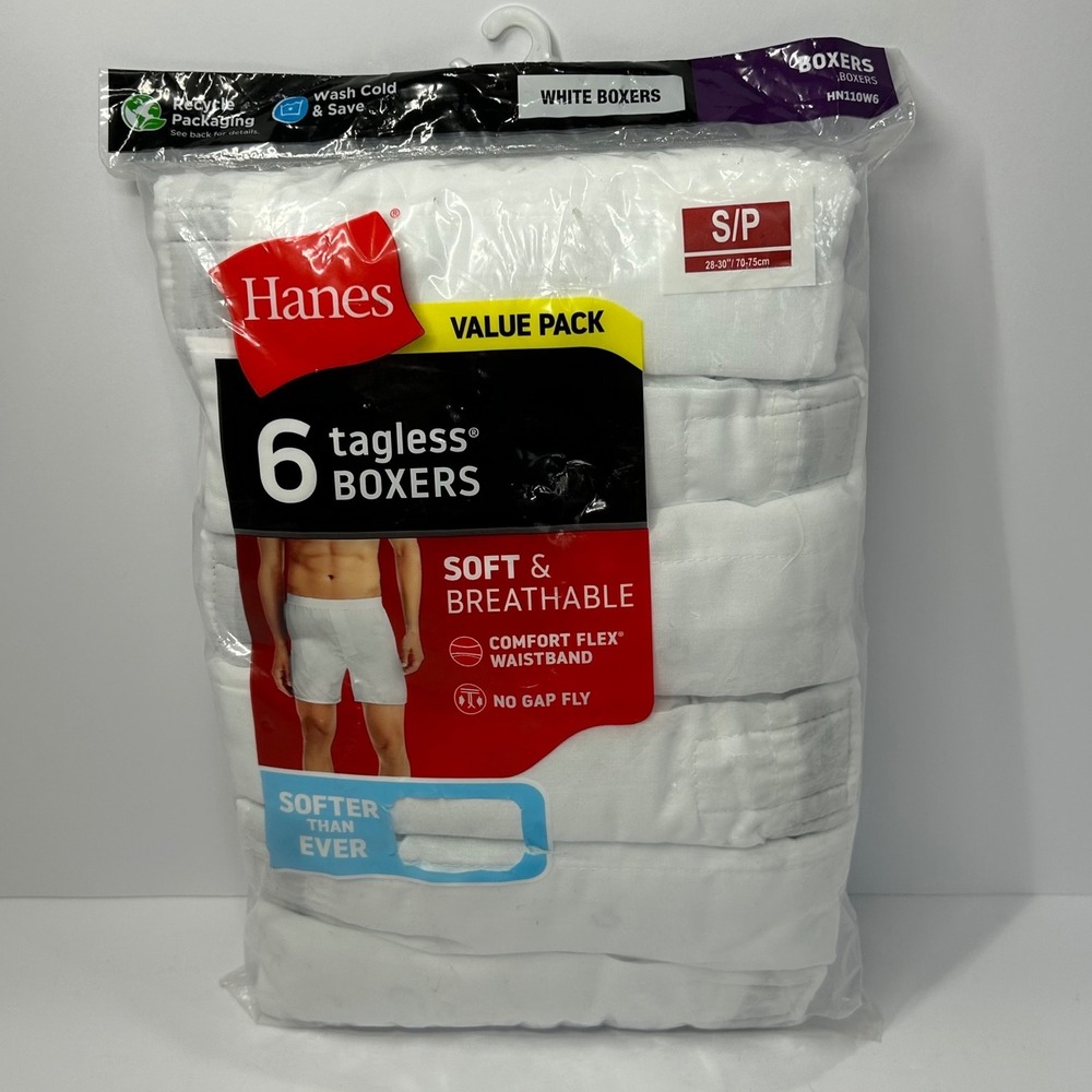 Hanes Mens 6 Pack Tagless Boxers White Comfort Flex Waistband HN110W6 Small New